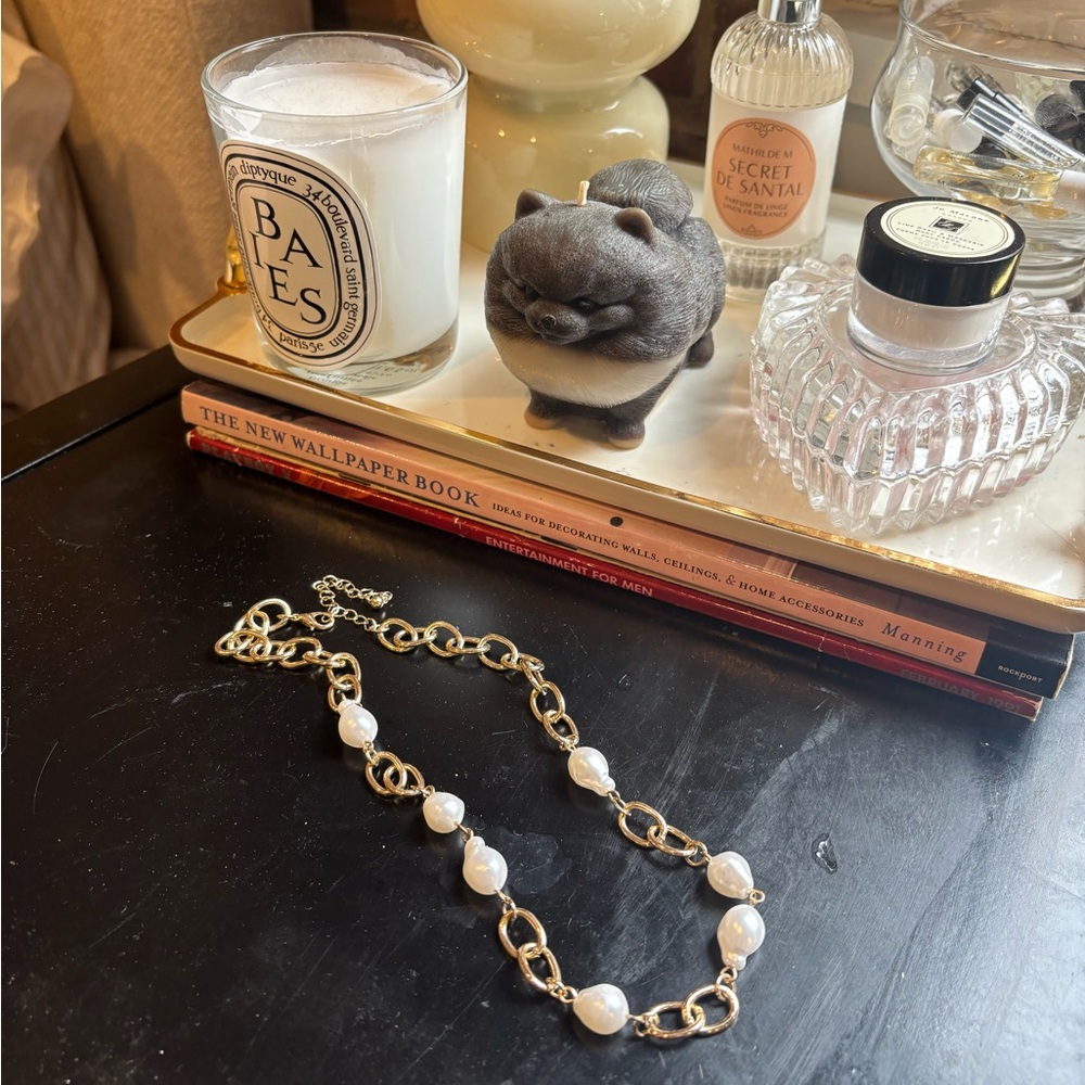 Gold and White Pearl Necklace with Dainty Chain